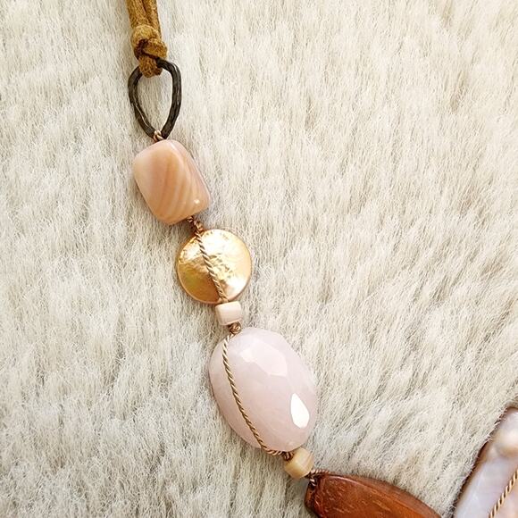 Peyote Bird Free Spirit Rose Quartz Brown Wood Beaded Leather Necklace NEW - Picture 5 of 12